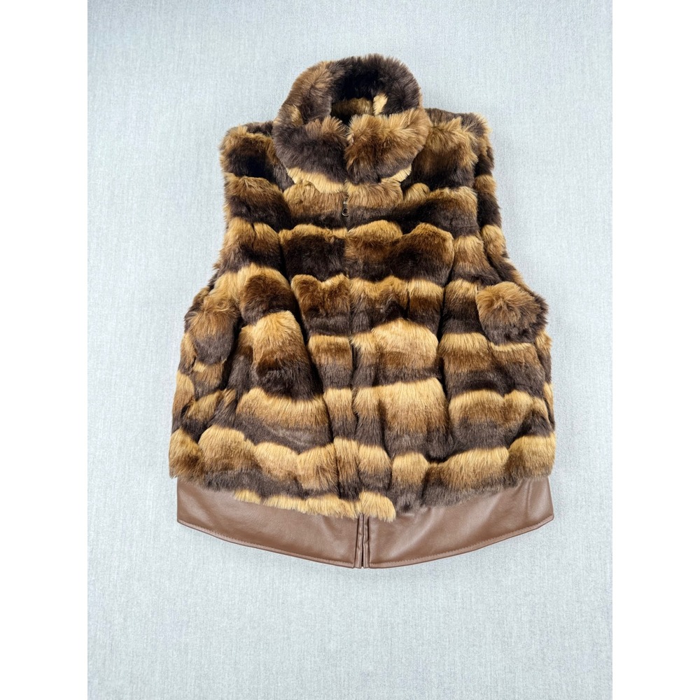 Chicos Faux Fur Striped Vest Brown Full Zip Faux Leather Trim Size 0 Small
